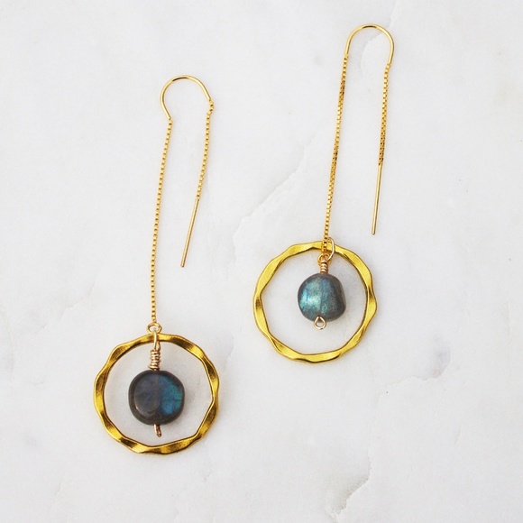 Gold fill threaders + Antique Gold Alloy Ring Labradorite Drop Earrings - Picture 1 of 2